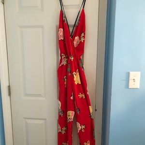 Floral Open Back Jumpsuit Playsuit with pockets